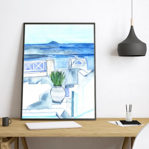 Santorini Sea View with Blue Aloe Jar _ Coastal Ar Poster