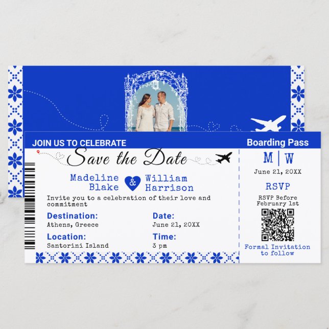 Santorini Skies Boarding Pass Style Save The Date  (Front/Back)