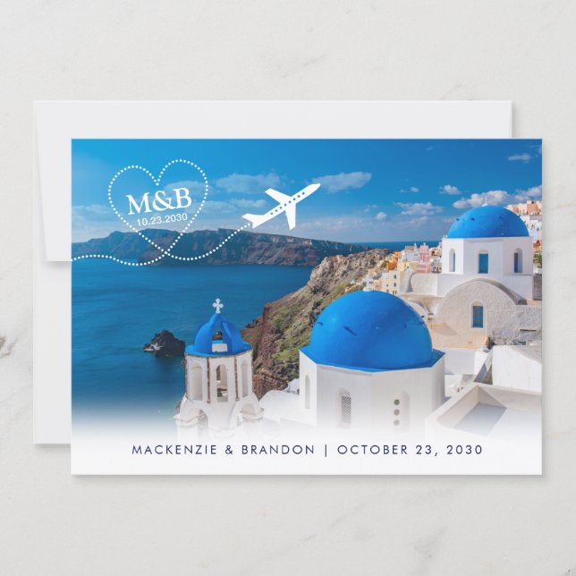 Santorini Skyline Destination Wedding Travel Theme Save The Date (Front)
