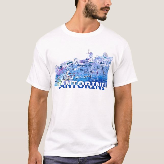 Santorini Skyline in Clean Scissor Cut Style T-Shirt (Front)