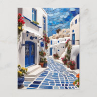 Santorini Street, Greece, Greek Village Mosaic Art