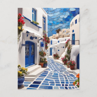 Santorini Street, Greece, Greek Village Mosaic Art Postcard