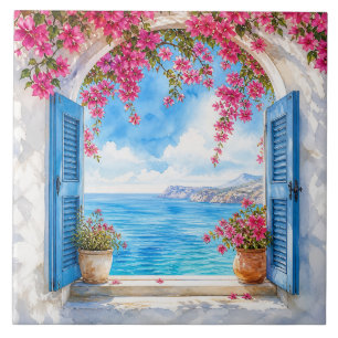 Santorini Style Mediterranean Coastal Window Ceramic Tile