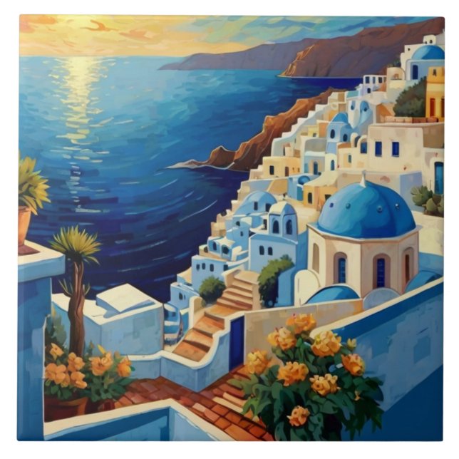 Santorini Sunrise - Greece - Greek Island Village Ceramic Tile (Front)