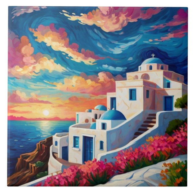 Santorini Sunset, Greece - Hot Pink Flowers Greek Ceramic Tile (Front)