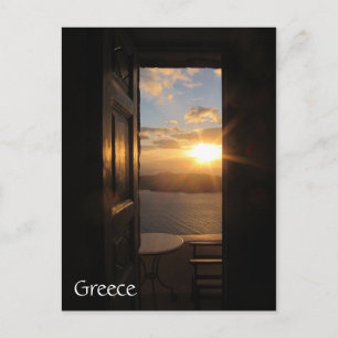 Santorini sunset through door postcard