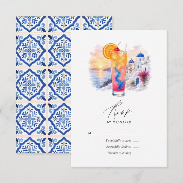 Santorini Sunset Tropical Cocktail Greece Wedding RSVP Card (Front/Back)