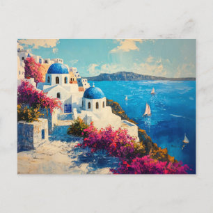 Santorini Vibrant Flowers Digital Oil Painting Postcard