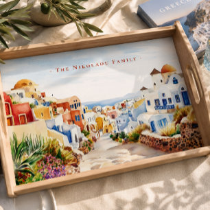 Santorini Village Watercolor Family Name Serving Tray