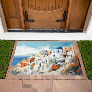 Santorini watercolor doormat