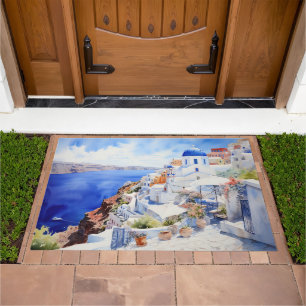 Santorini watercolor doormat