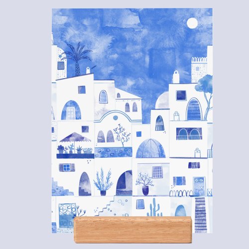 Santorini Watercolor Giclee Print with Wood Holder