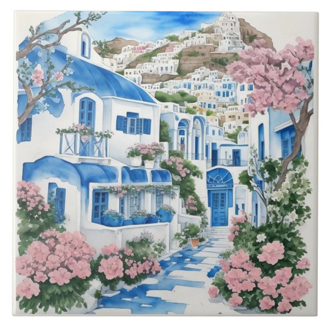Santorini Watercolor Houses & Pink Flowers Ceramic Tile (Front)
