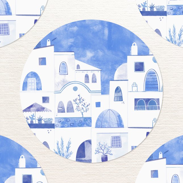 Santorini Watercolor Labels (Santorini Greece blue and white watercolor painting sticker)