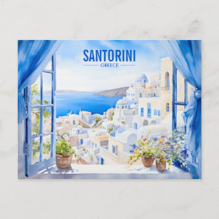 Santorini Watercolor Painting Greece Travel   Art Postcard