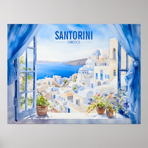 Santorini Watercolor Painting Greece Travel  Art Poster