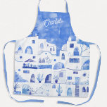 Santorini Watercolor Personalized Apron<br><div class="desc">Watercolor blue and white painting based on Oia on the Greek island of Santorini. Change the name to personalize.</div>