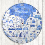 Santorini Watercolor Personalized Dart Board<br><div class="desc">Watercolor blue and white painting based on Oia on the Greek island of Santorini. Change or remove the name to personalize.</div>