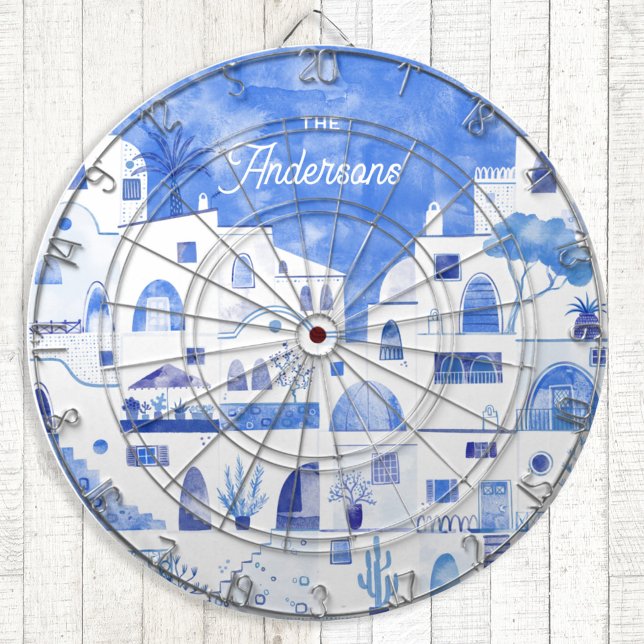 Santorini Watercolor Personalized Dart Board (Santorini Oia blue and white watercolor art dartboard)