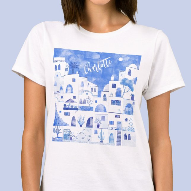 Santorini Watercolor Personalized T-Shirt (Personalized name Santorini Oia Greek Island blue and white art t-shirt)