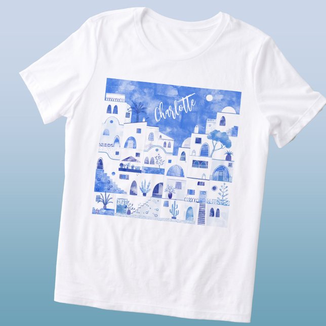 Santorini Watercolor Personalized Tri-Blend Shirt (Santorini Oia Greek island blue and white watercolor art personalized name triblend t-shirt)