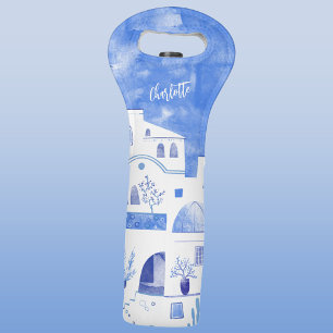 Santorini Watercolor Personalized Wine Bag