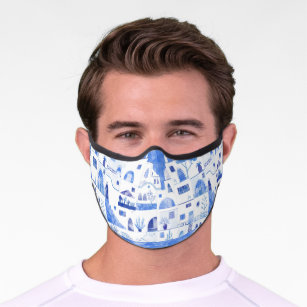 Santorini Watercolor Townscape Premium Face Mask