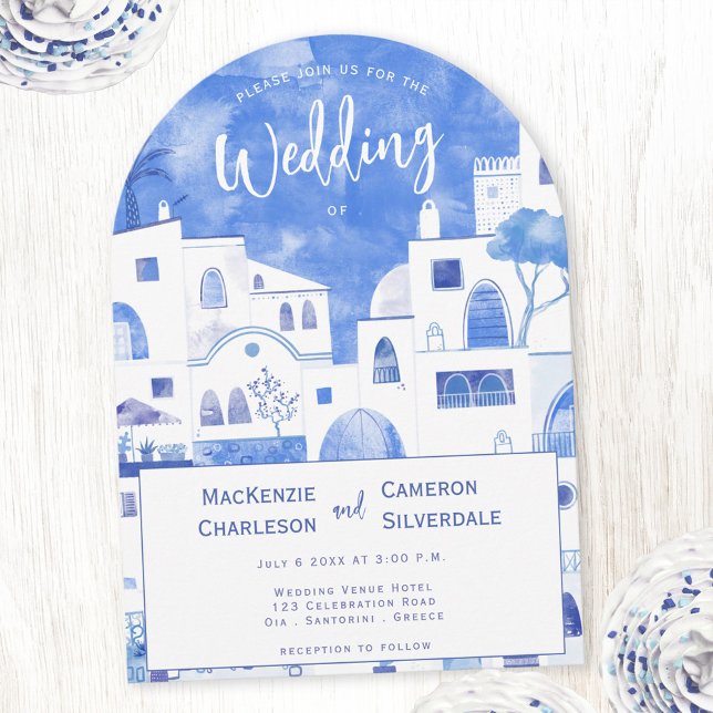 Santorini Watercolor Wedding Invitation (Santorini watercolor art arched wedding invitation)