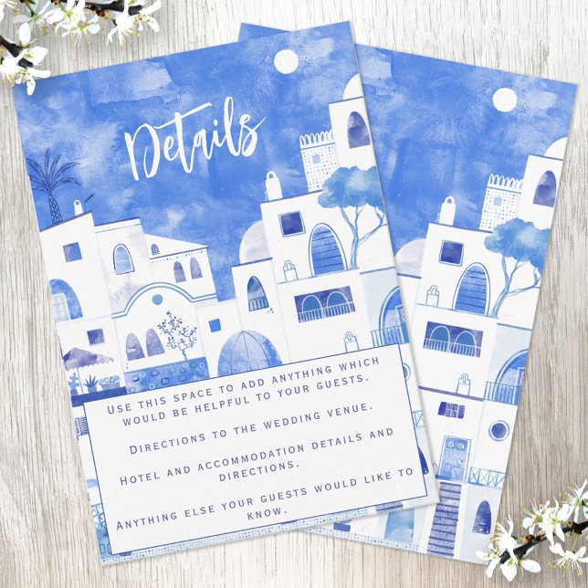 Santorini Wedding Details Enclosure Card (Wedding details personalized card featuring a blue and white watercolor painting of Santorini)