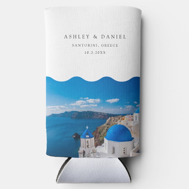 Santorini Wedding Favor Seltzer Can Cooler (Front)