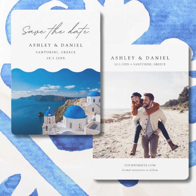 Santorini Wedding Greece Save the Date Invitation (Santorini Save the Date with a photo of the ocean and an engagement photo)