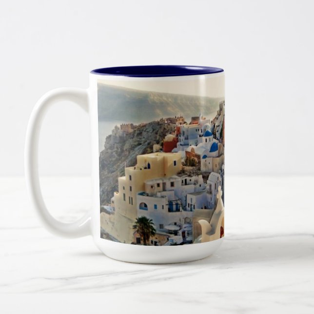 Santorini Wedding Memories Blue White Greek Houses Two-Tone Coffee Mug (Left)