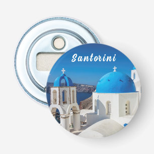 Santorini with blue and white church bottle opener