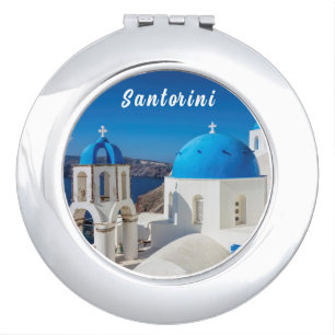 Santorini with blue and white church compact mirror