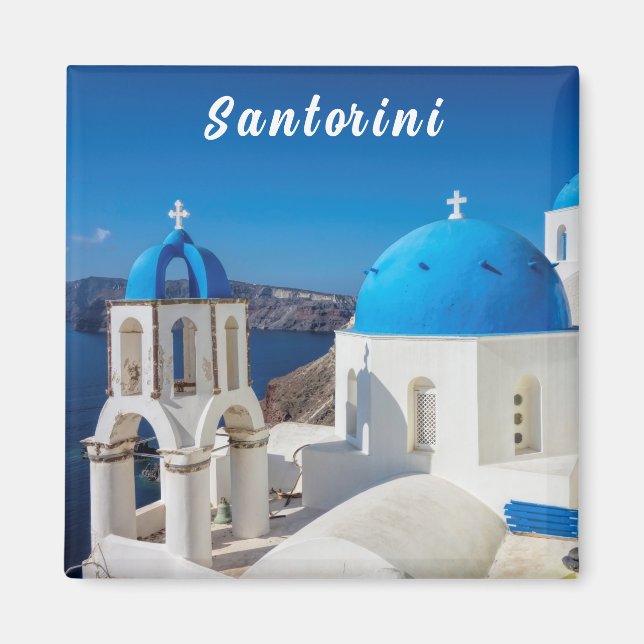 Santorini with blue and white church magnet (Front)
