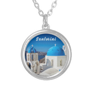 Santorini with blue and white church silver plated necklace