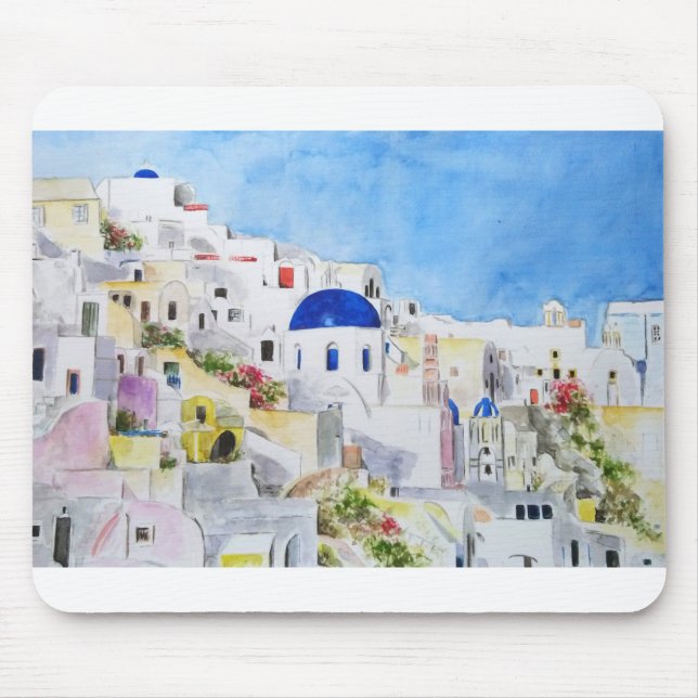 Santoroni Greece Aegean sea watercolor painting Mouse Pad (Front)