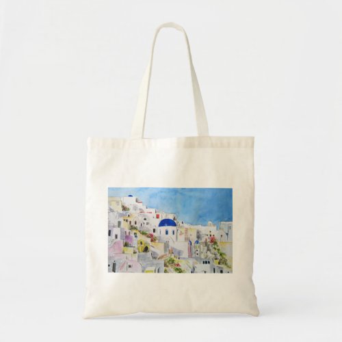 Santoroni Greece Aegean sea watercolor painting Tote Bag
