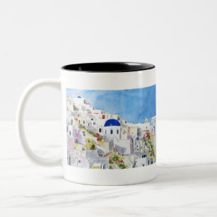 Santoroni Greece Aegean sea watercolor painting Two-Tone Coffee Mug