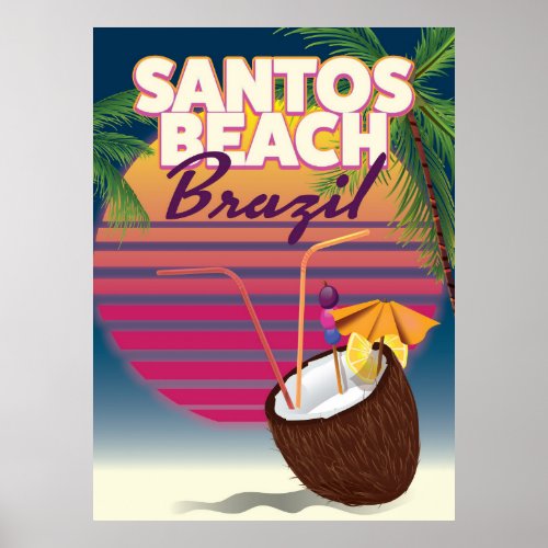 Santos beach brazil vintage travel poster