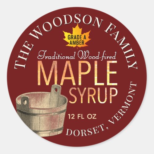 Sap Bucket Maple Syrup with Yellow Leaf on Red Classic Round Sticker