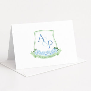 Sap Green Blue Hydrangea Botanical Wedding Crest Letterpress Thank You Card