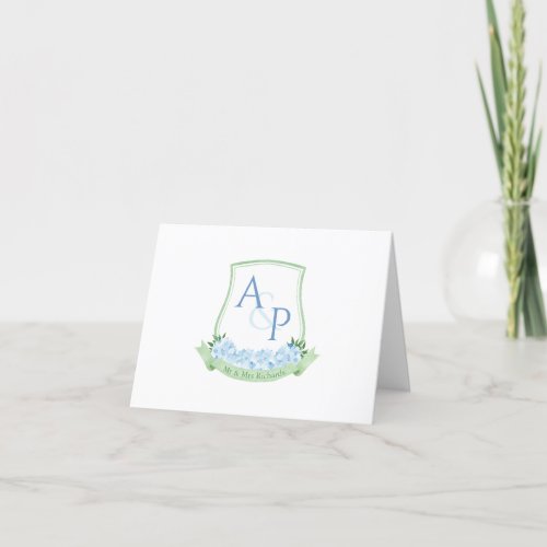 Sap Green Blue Hydrangea Botanical Wedding Crest Thank You Card