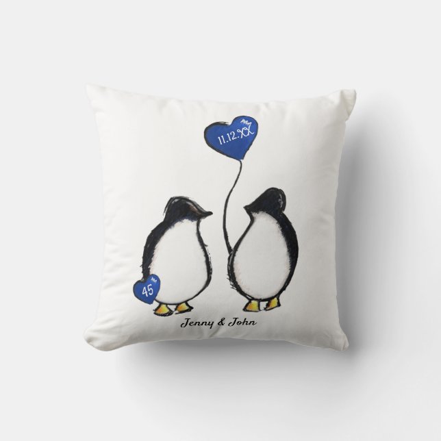 Sapphire 45th wedding anniversary penguin gift throw pillow (Front)