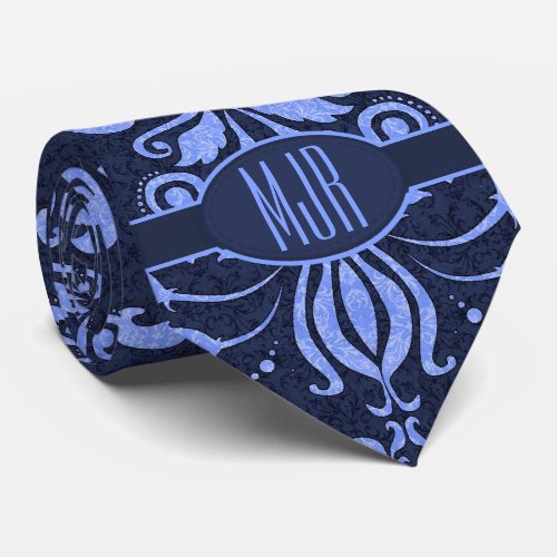 Sapphire and Periwinkle Blue Damask Monogram Tie