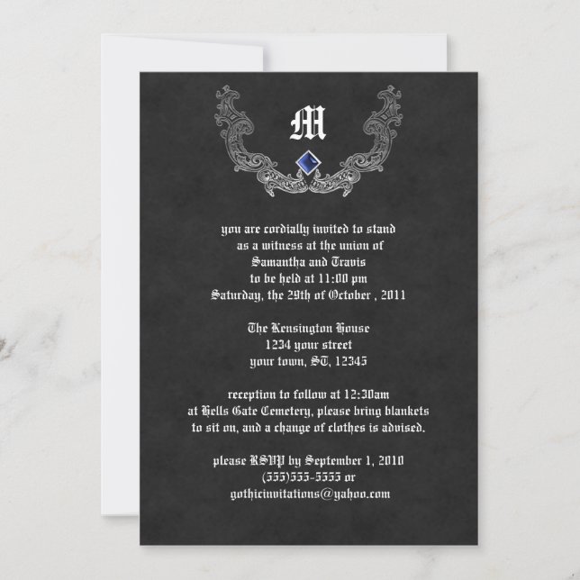 Sapphire and Silver Monogram Gothic Invitation (Front)