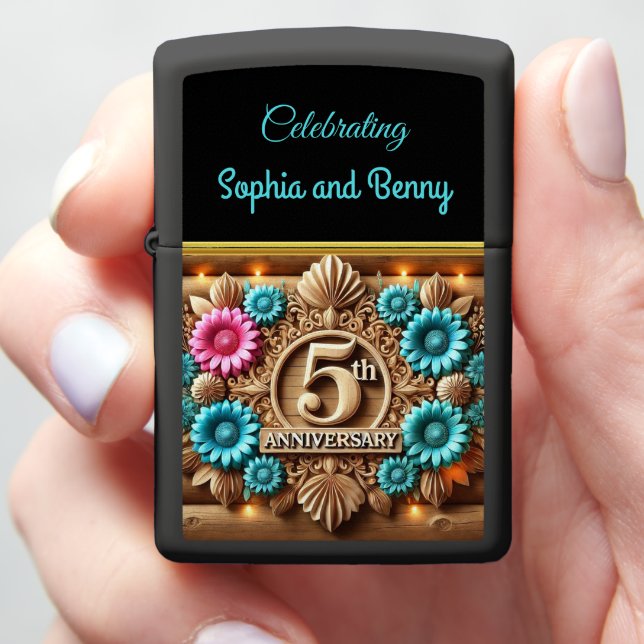 Sapphire Bliss: 5th Anniversary Floral Elegance Zippo Lighter (In Hand)