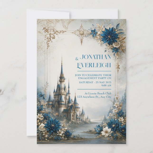 Sapphire Bloom Castle Wedding Invitation (Front)