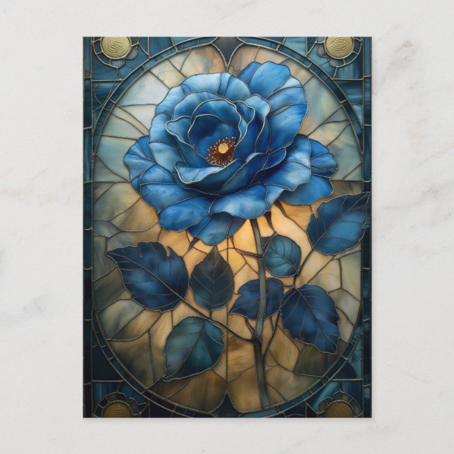 'Sapphire Bloom' Stained Glass Blue Rose Postcard (Front)