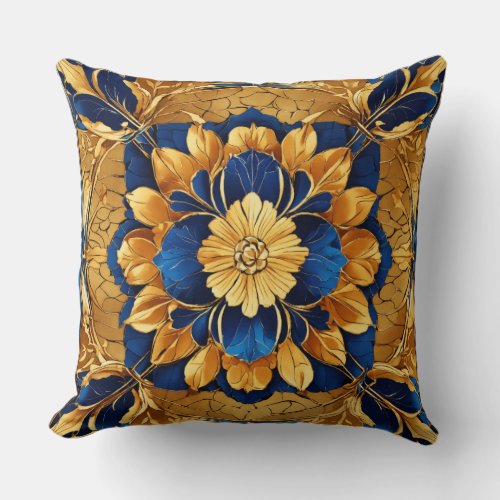 Sapphire Blossom Artistic Floral Print with Tiled Throw Pillow